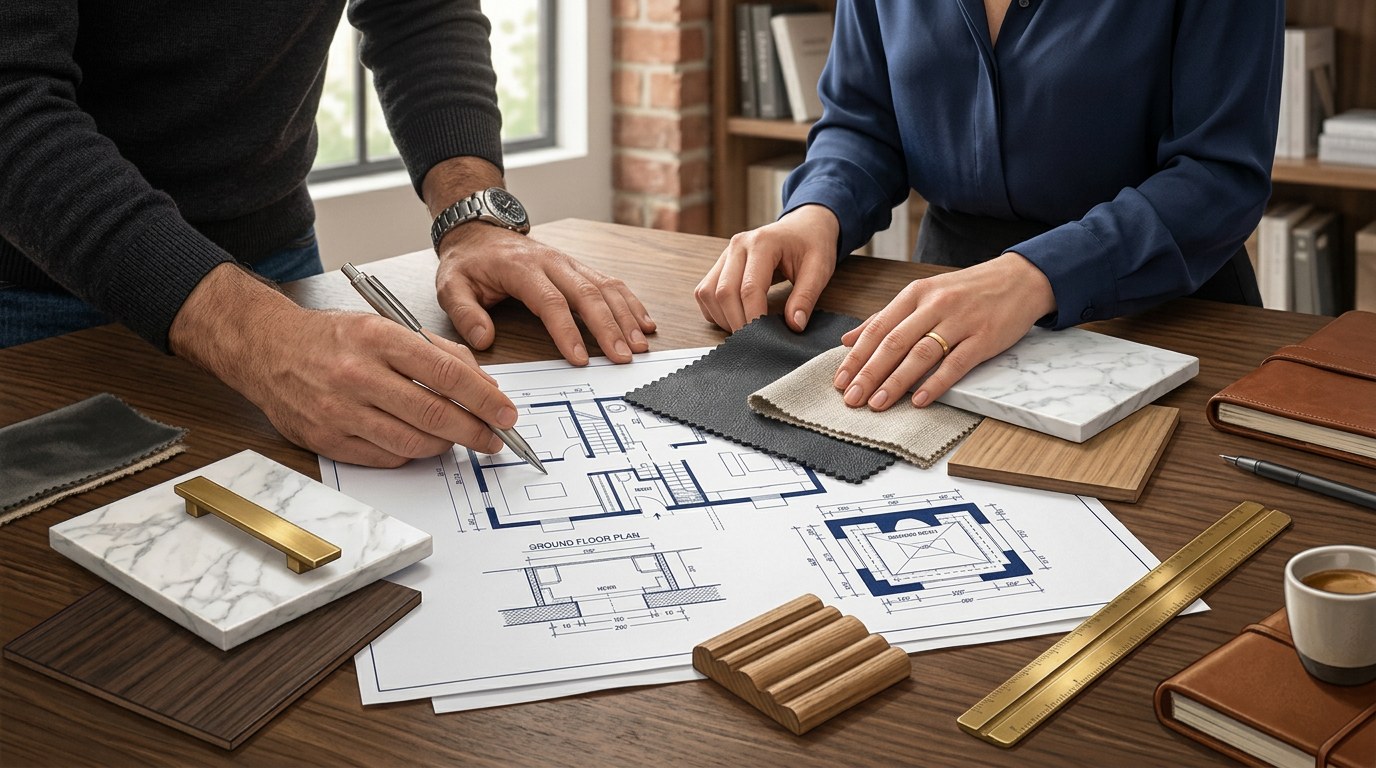 Hands reviewing blueprints with fabric, stone, and wood finish samples on a design table
