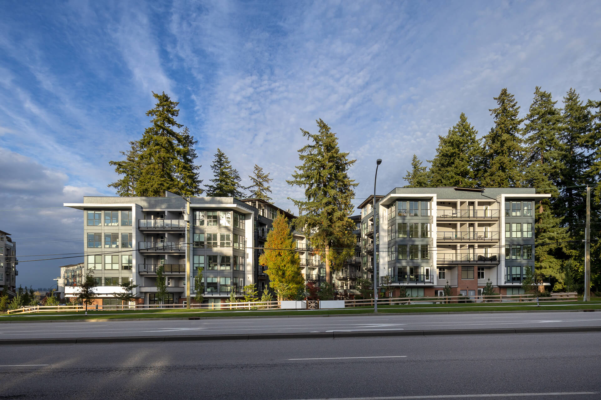 Exterior architectural photograph of The Commons multi-family residential low-rise buildings, showing large glass windows, balconies, and surrounding mature pine trees