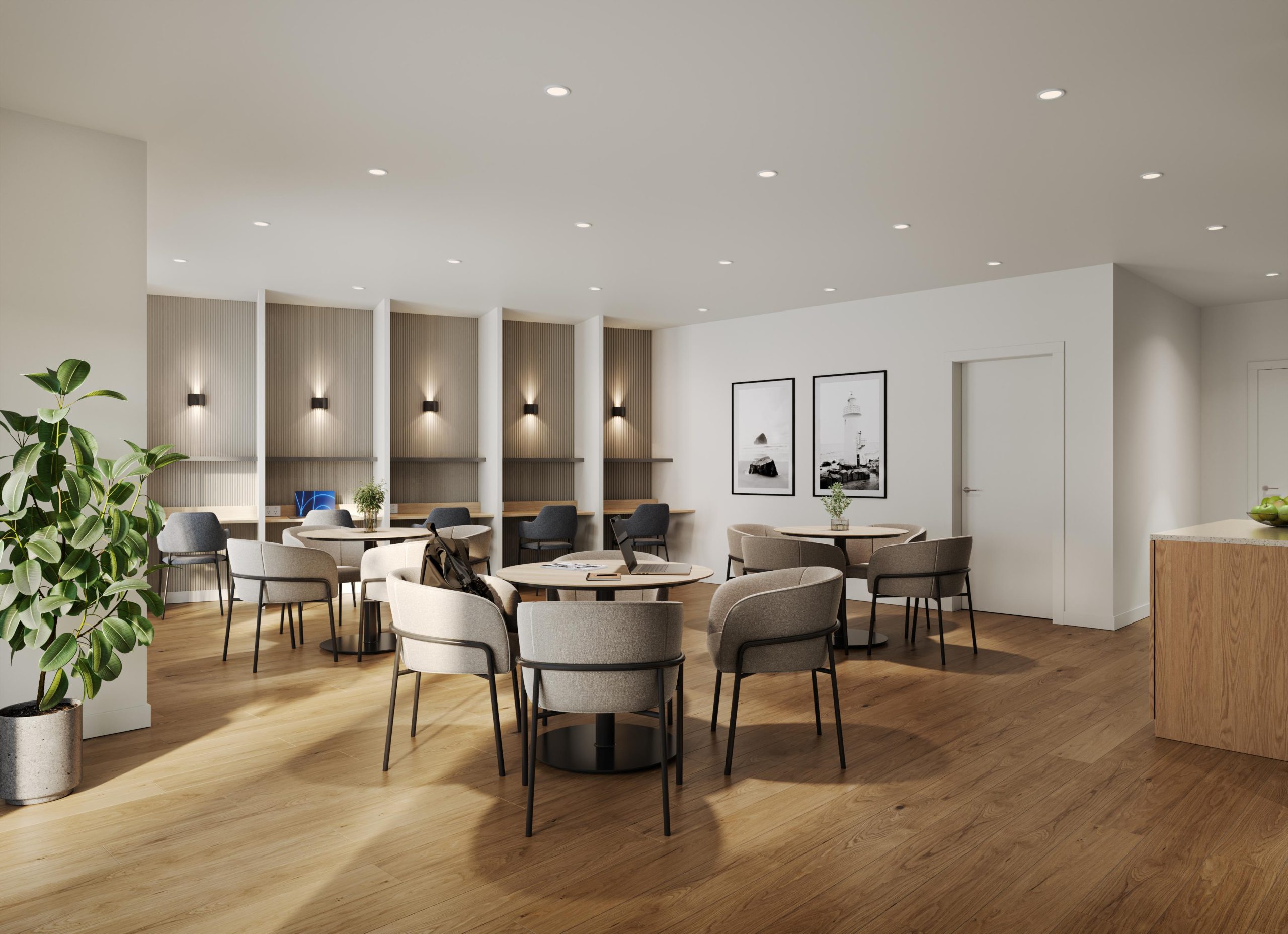 Bright co-working space and study lounge rendering with modern individual workstations, round collaborative tables with gray chairs, and light oak wood flooring