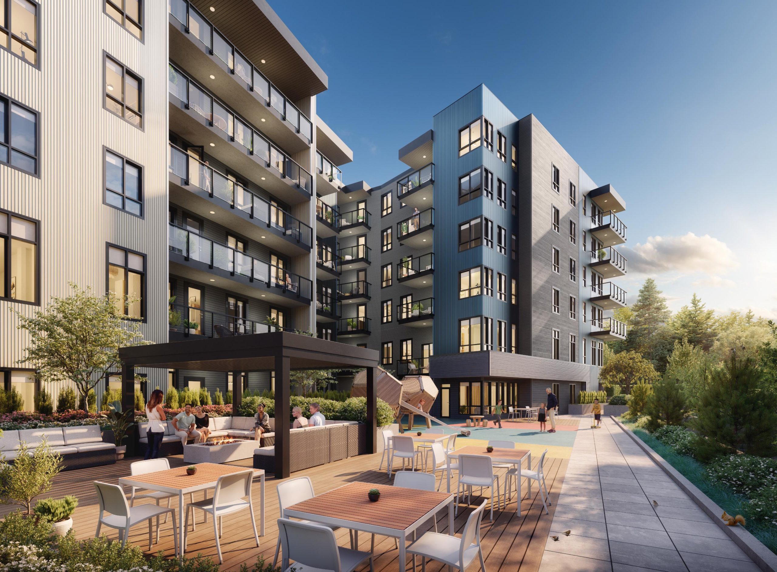 Ground-level courtyard rendering at Clayton Crest showing an outdoor patio with dining tables, a covered fire pit lounge, a children's play area, and the modern six-storey residential building facade