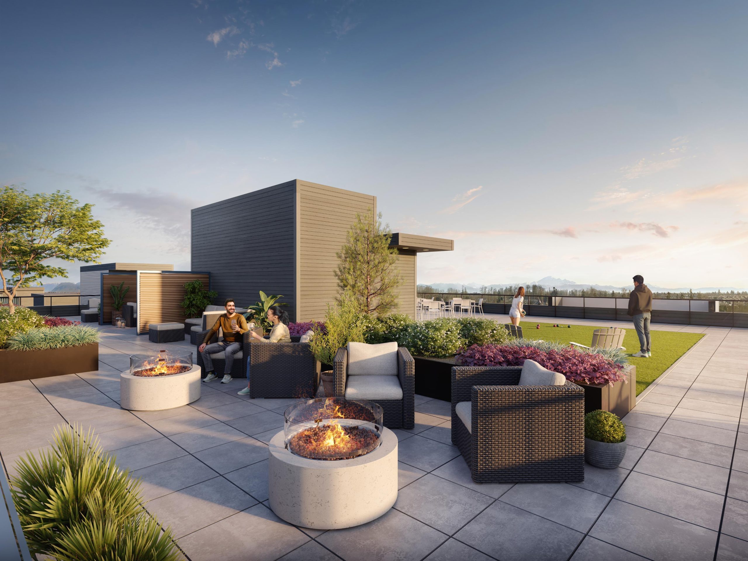 Architectural rendering of the Clayton Crest condo rooftop patio lounge, featuring modern concrete fire pits, wicker armchairs, manicured planters, and an artificial grass bocce ball turf under a clear sky