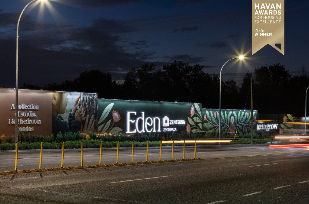 Illuminated roadside marketing signage for Eden condo community by Zenterra in Willoughby Langley, showcasing its 2026 HAVAN Award win