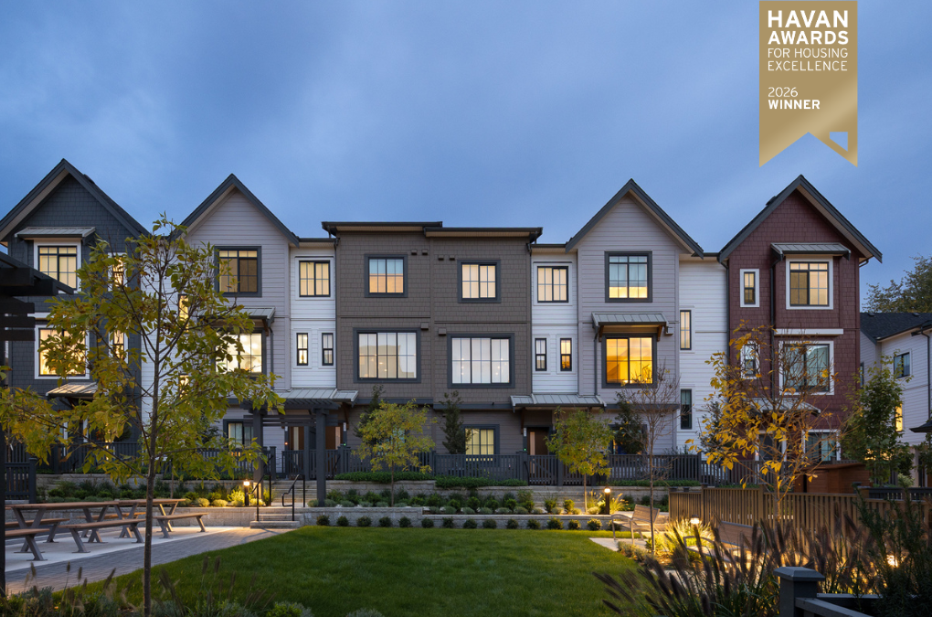 Exterior view of Latimer Walk townhomes by Zenterra Developments at twilight, recipient of the Best Townhouse or Rowhome Unit under 1500 square feet award