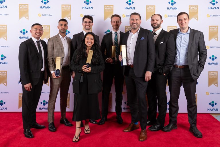 The Zenterra Developments team smiling and posing on the red carpet holding multiple trophies at the 2026 HAVAN Awards for Housing Excellence