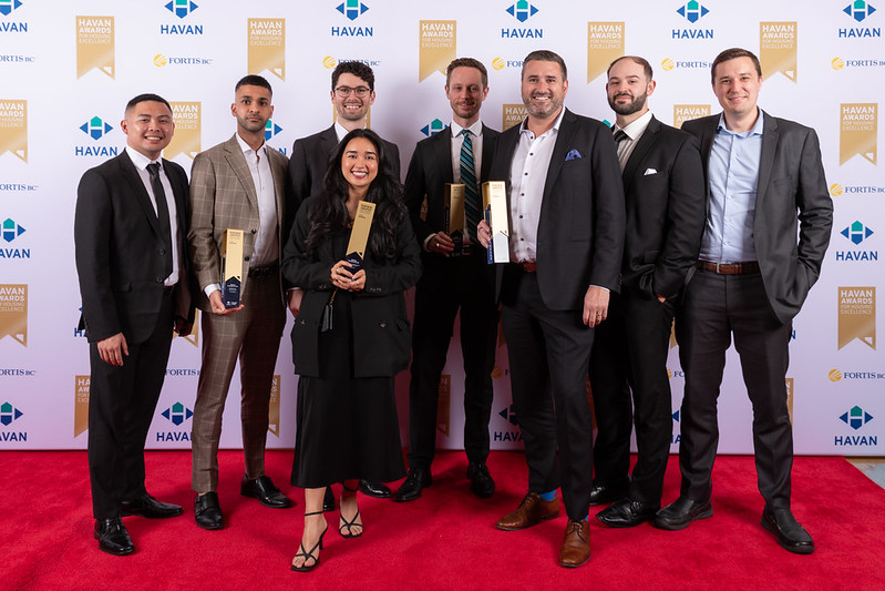 The Zenterra Developments team smiling and posing on the red carpet holding multiple trophies at the 2026 HAVAN Awards for Housing Excellence