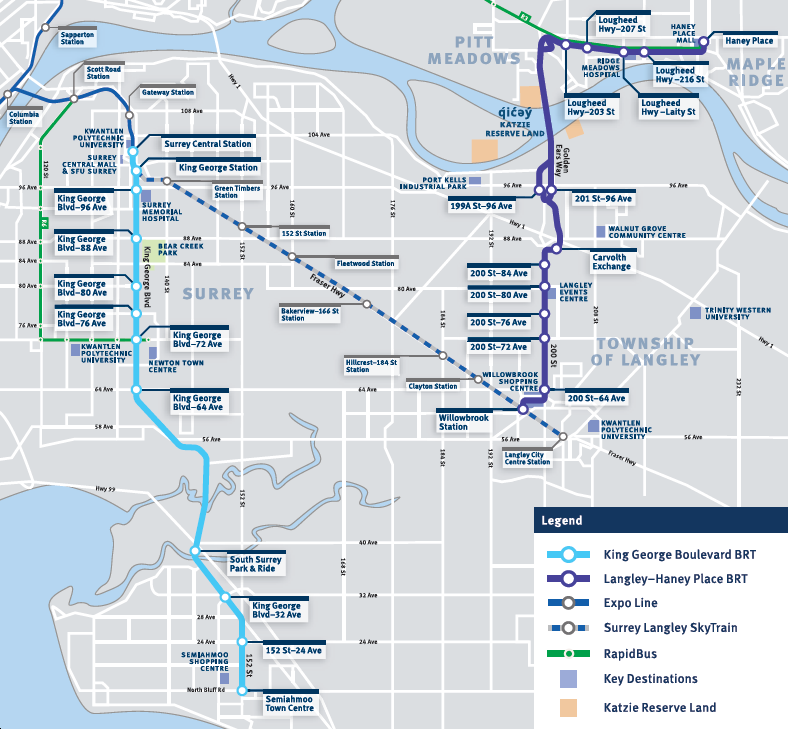 TransLink transit map showing the proposed Langley Haney Place BRT route along 200 Street