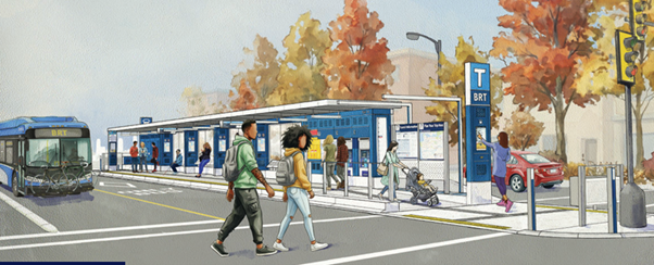 Close up rendering of a modern TransLink BRT rapid transit shelter and ticketing kiosk