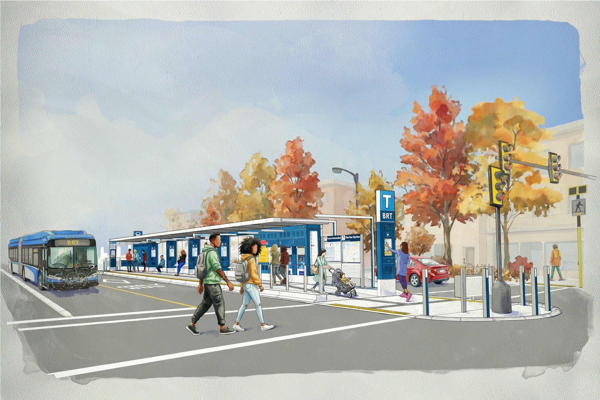 TransLink Bus Rapid Transit BRT station concept rendering with passengers next to Eden condos