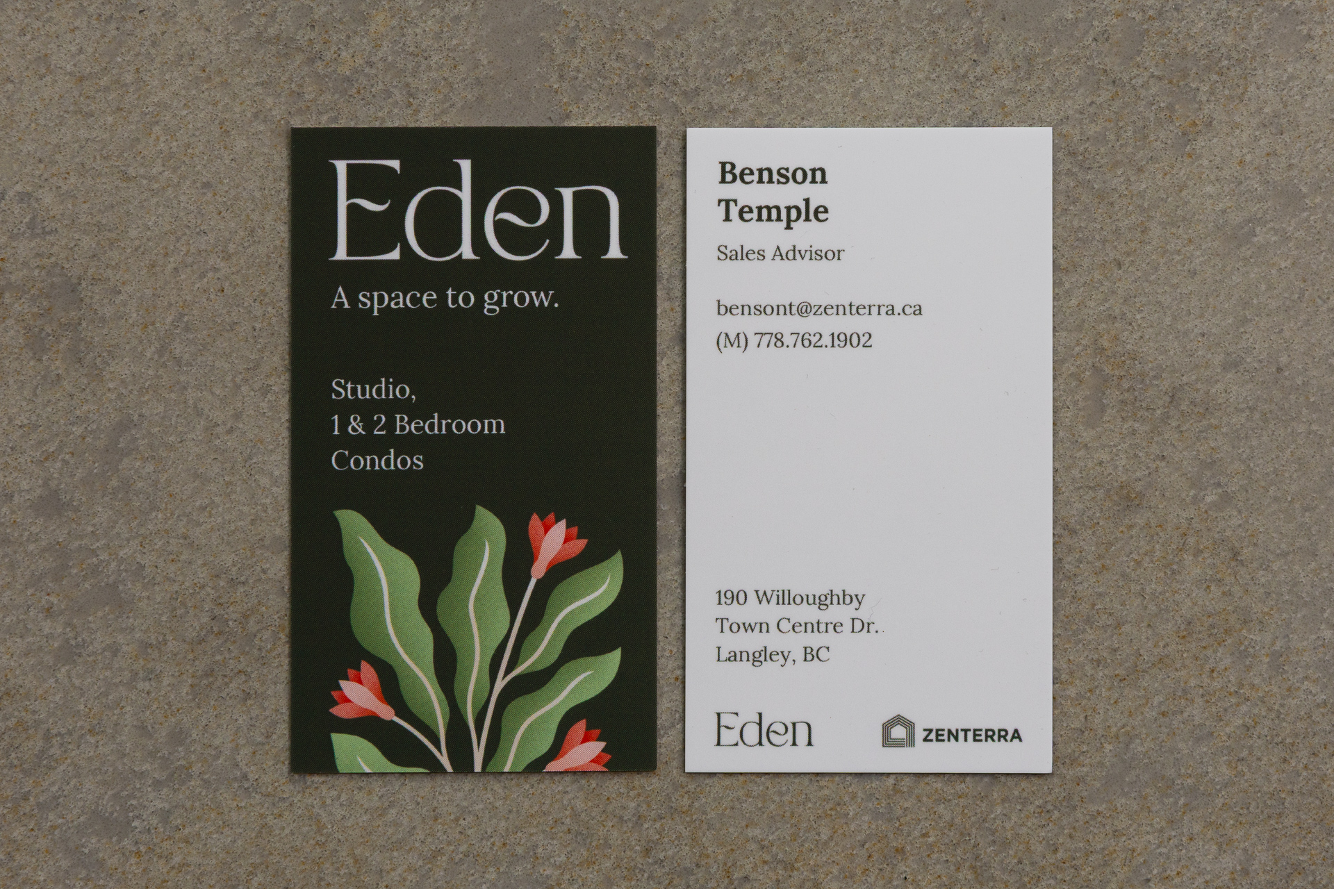 Custom branded Eden presale condos marketing business cards for Zenterra Developments sales advisor