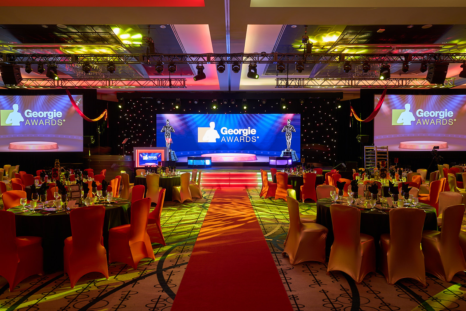 Grand ballroom and main stage setup for the 2026 Georgie Awards gala ceremony