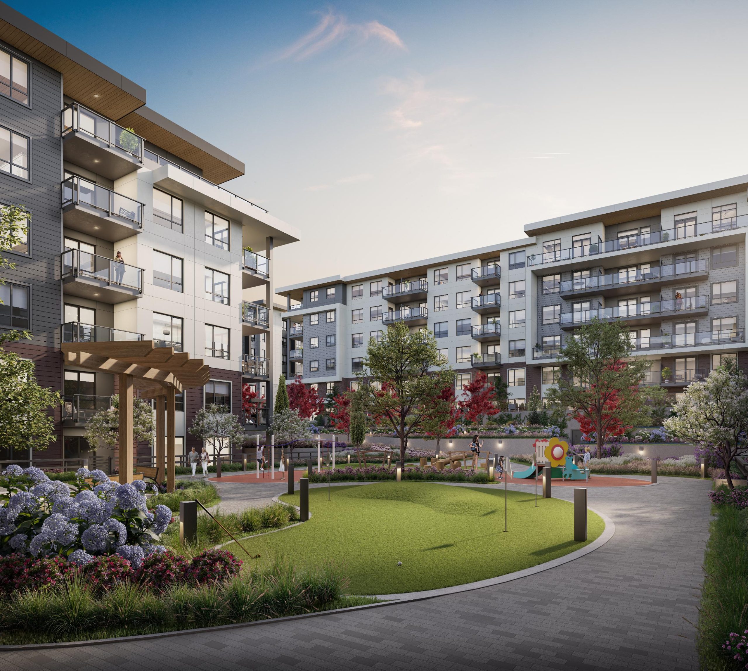 Eden presale condos outdoor resident courtyard featuring a putting green and amenity pathways