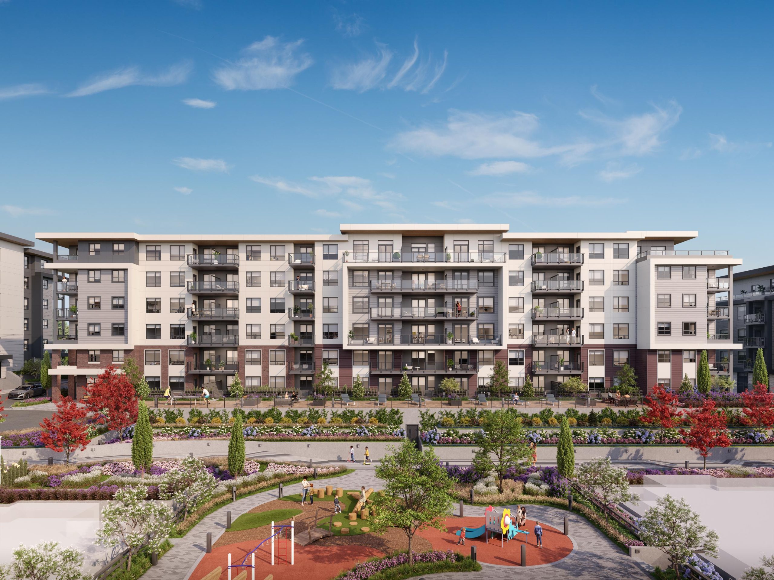 Exterior architectural rendering of Eden low rise condo building and landscaped playground area