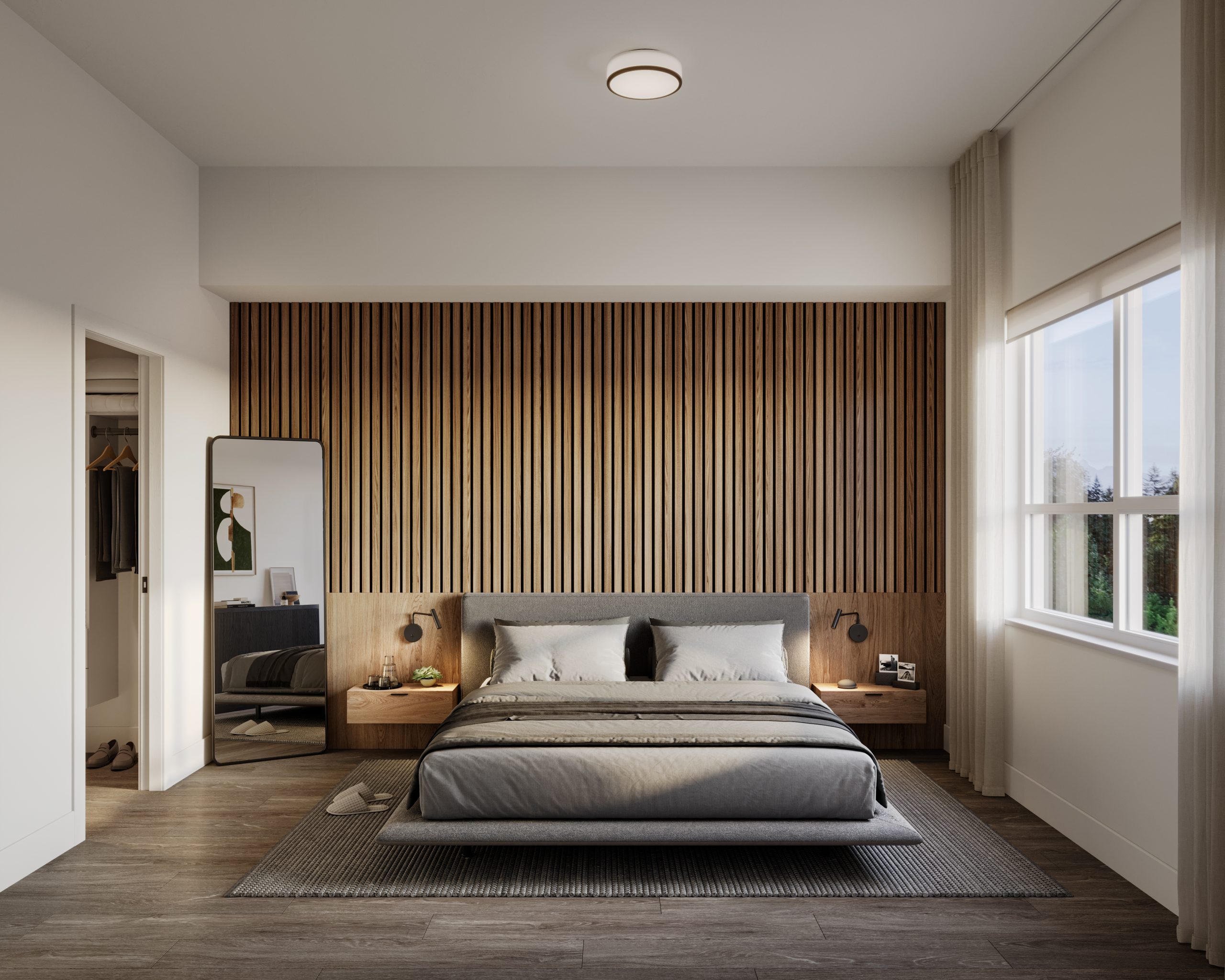 Master bedroom interior rendering showcasing wood slat feature wall accent lighting at Eden