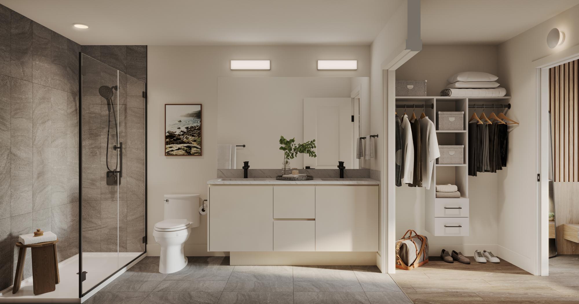 Luxury condo ensuite bathroom with glass shower dual vanity and walk in closet rendering at Eden