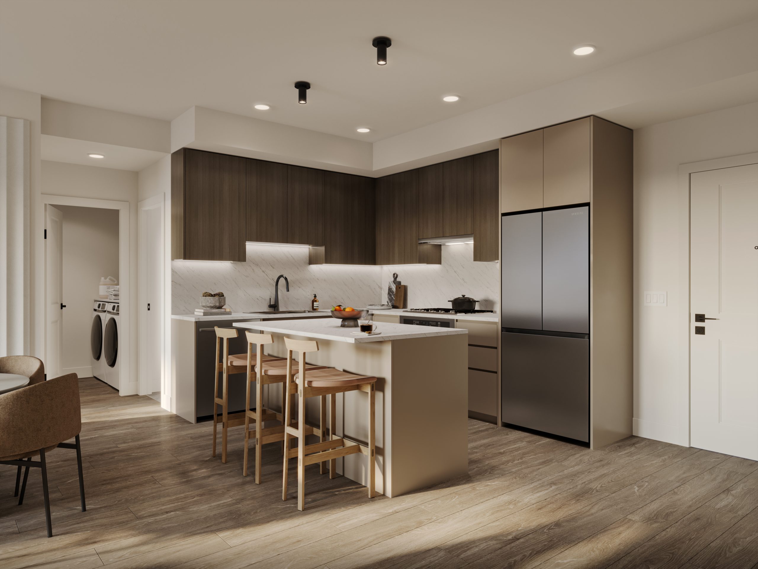 Modern open concept condo kitchen with contemporary cabinetry and breakfast bar island at Eden