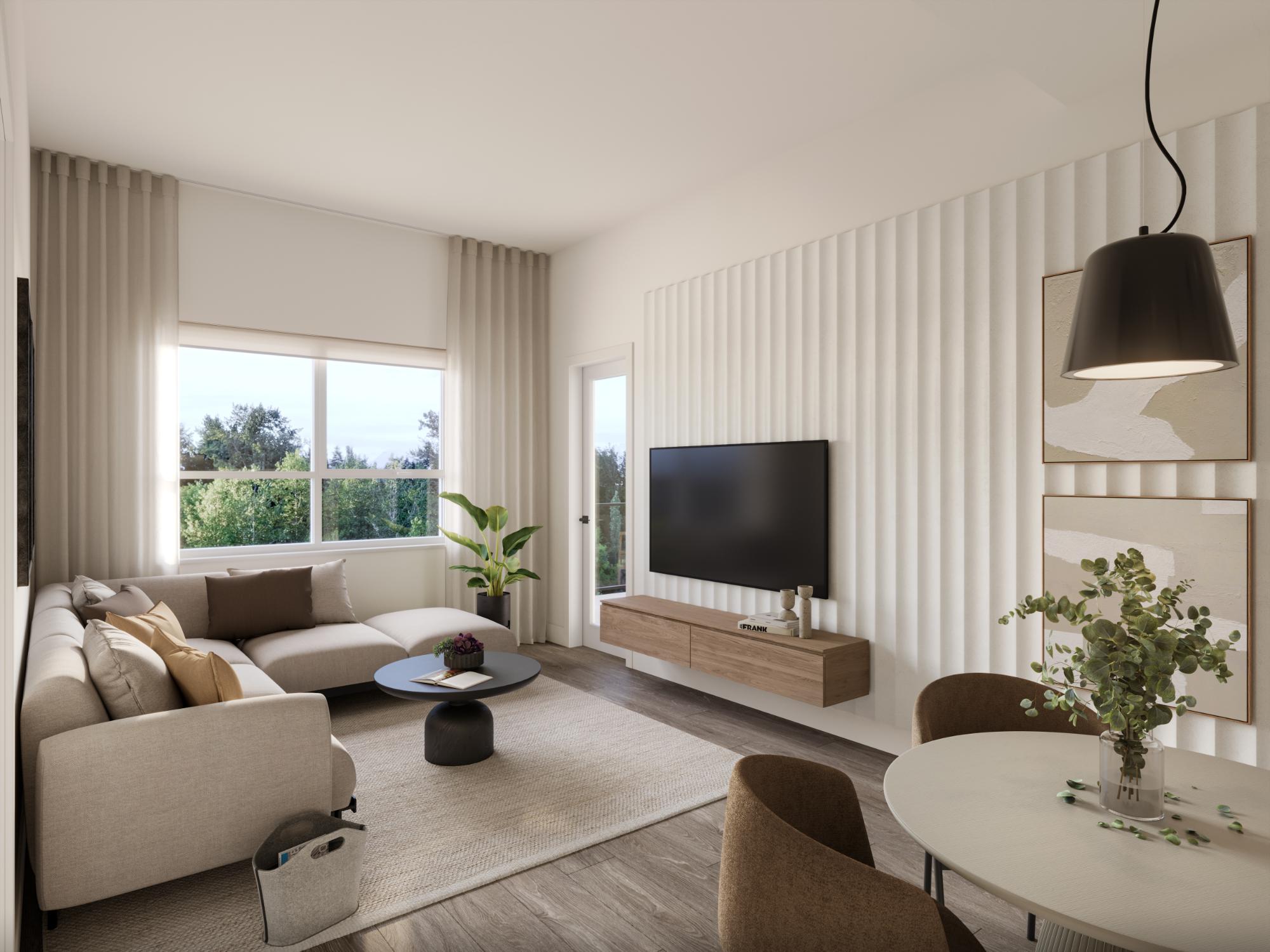 Bright open concept condo living room and dining area rendering with fluted feature wall at Eden