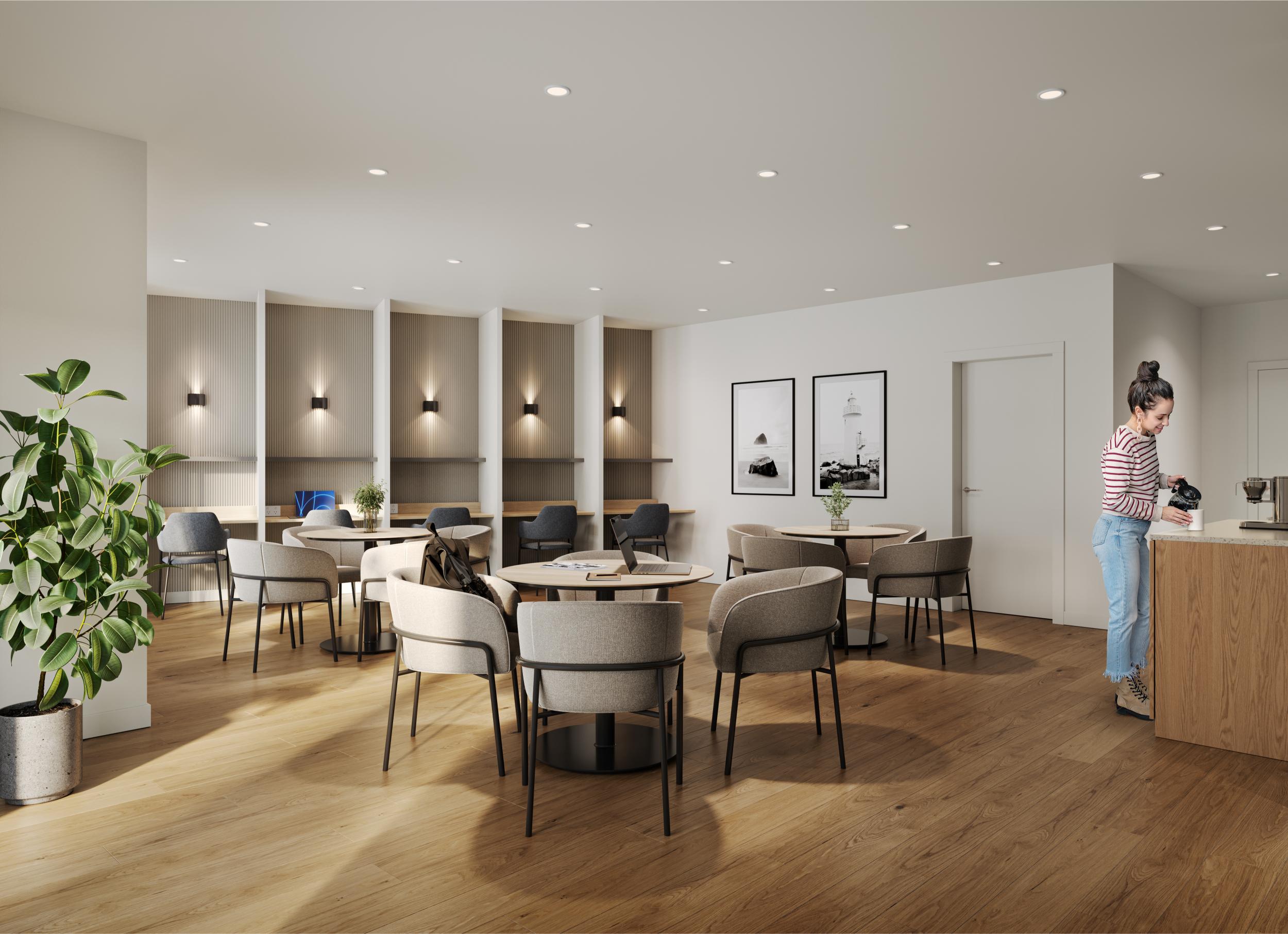 Shared resident co working space and study lounge at Bute condos