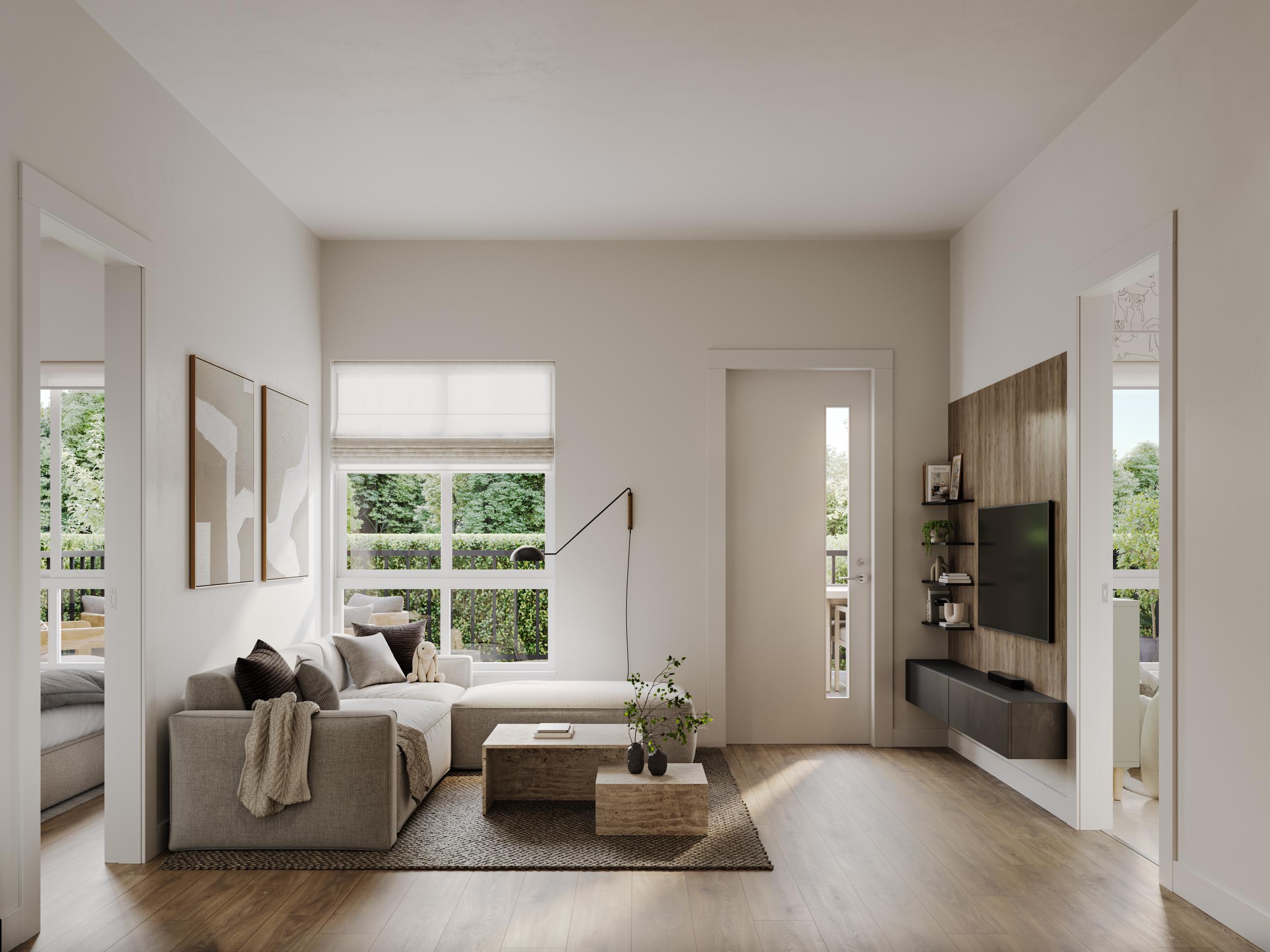 Open concept living room layout and flooring at Bute condos in West Clayton