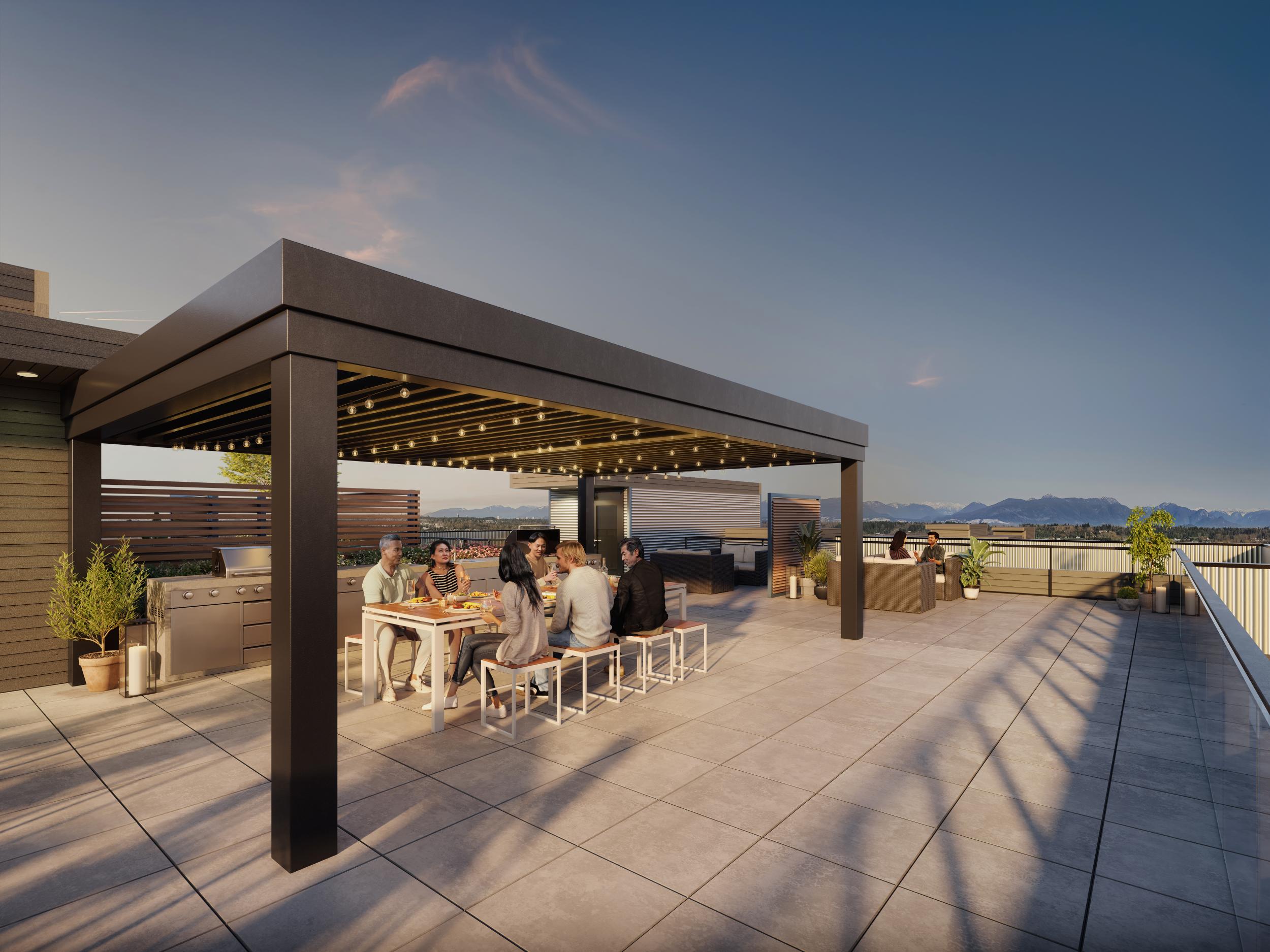 Rooftop patio lounge with mountain views and outdoor seating at Bute Surrey