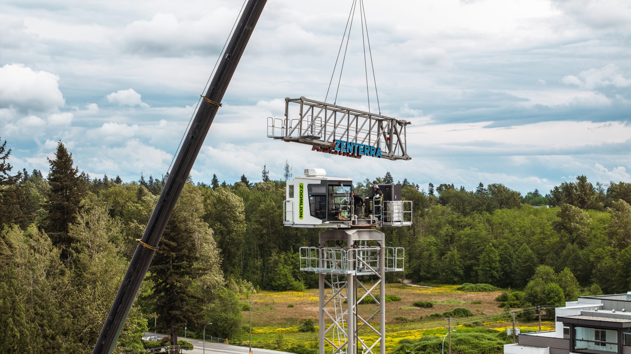 Zenterra Developments tower crane assembly at Solana condo construction site in Langley
