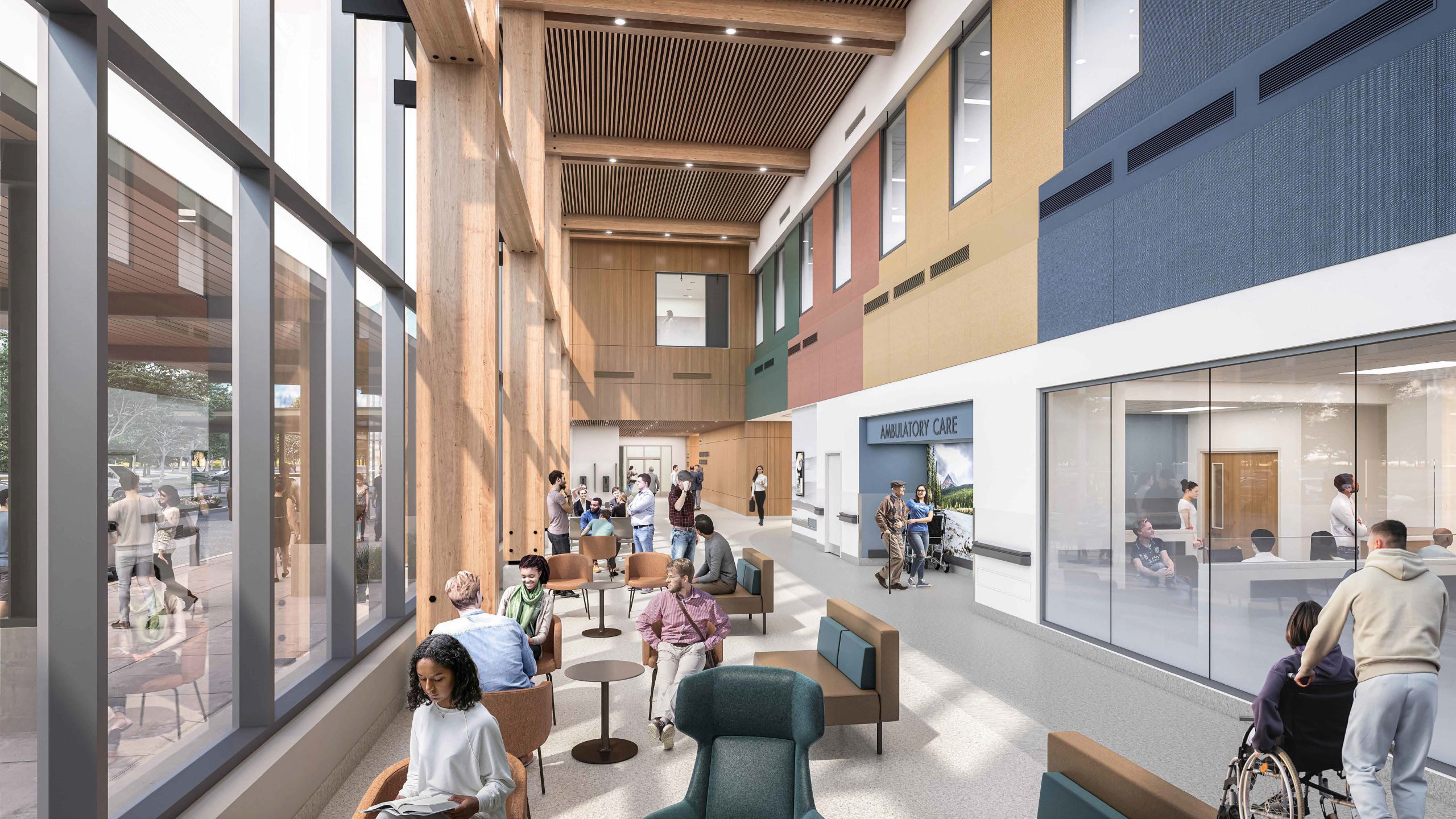 Public waiting lounge with floor-to-ceiling windows at the new Surrey hospital facility