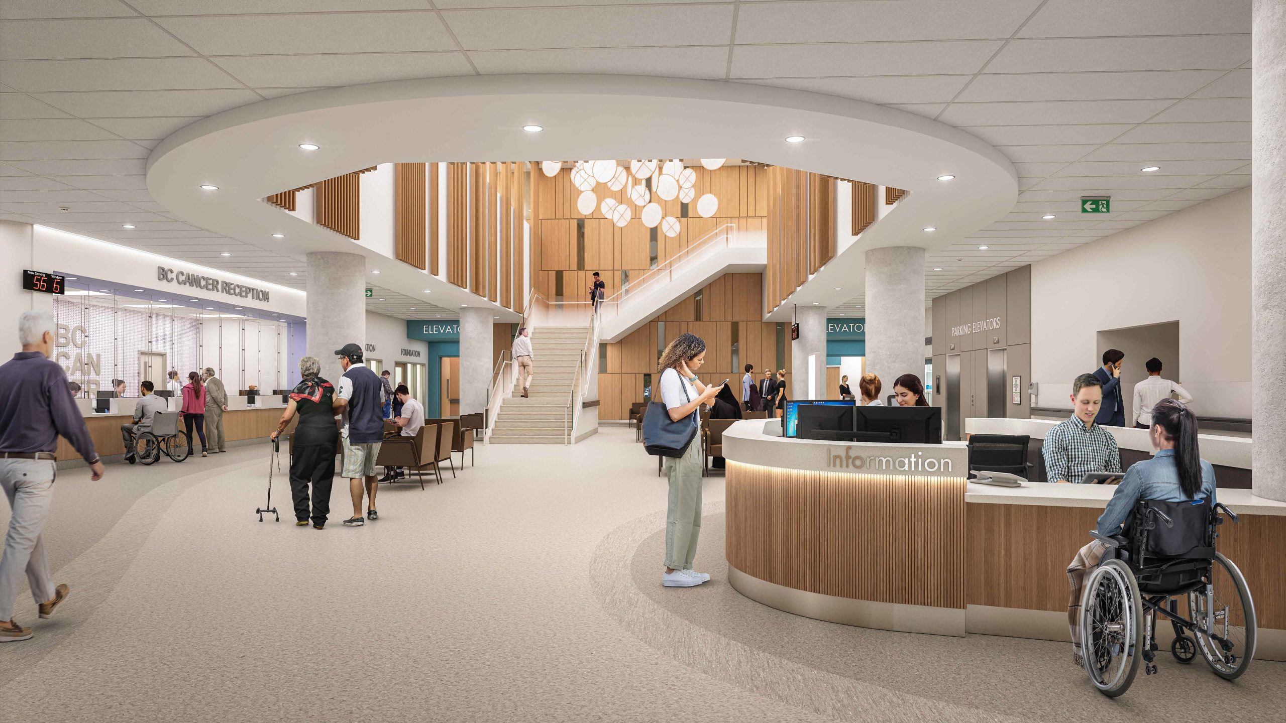 Modern main reception lobby interior of the new Surrey Cloverdale hospital with wood paneling