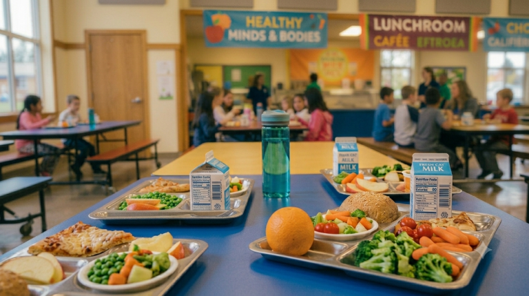 Trays of healthy school lunches featuring fresh vegetables, milk cartons, fruits, and pizza lined up on cafeteria tables with students eating in the background.