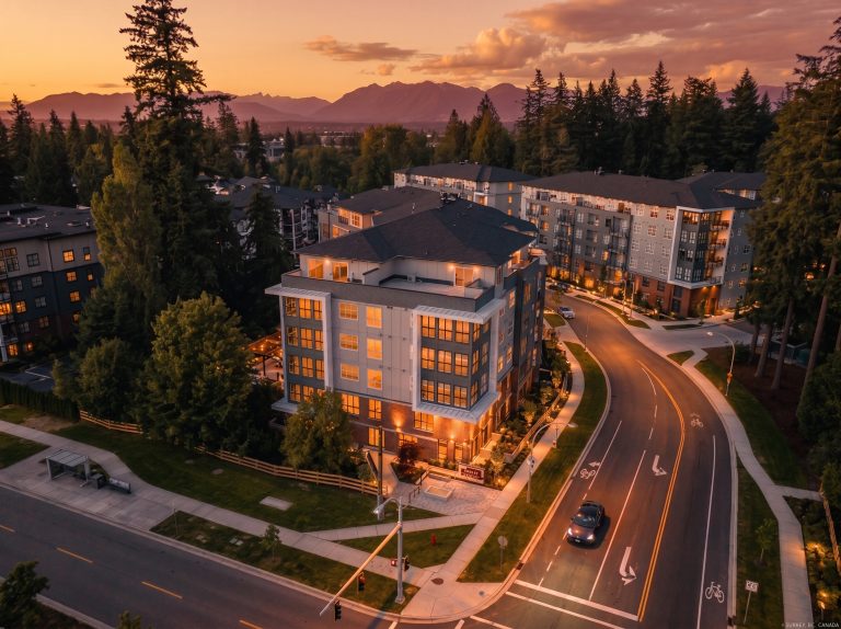 Sunset aerial photograph of the King and Crescent master-planned condo development by Zenterra in South Surrey. The image shows the modern low-rise residential buildings with glowing windows nestled among mature evergreen trees. The scene is set against a backdrop of distant mountains and a vibrant orange-to-purple gradient sky, highlighting King and Crescent's proximity to nature and its integration into the surrounding community infrastructure, complete with marked bicycle lanes.